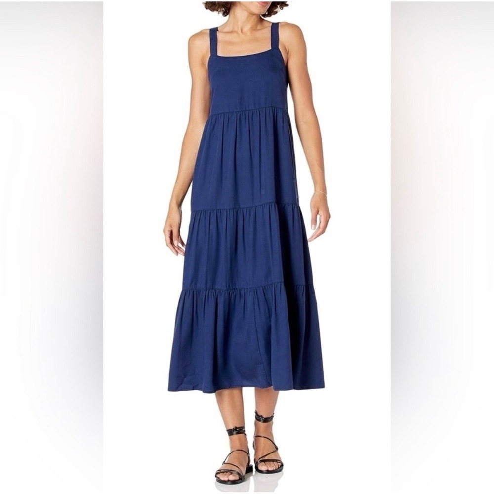 The Drop Britt Tiered Maxi Dress Navy Blue Size M Tencel Lyocell CORE-BRITT-01